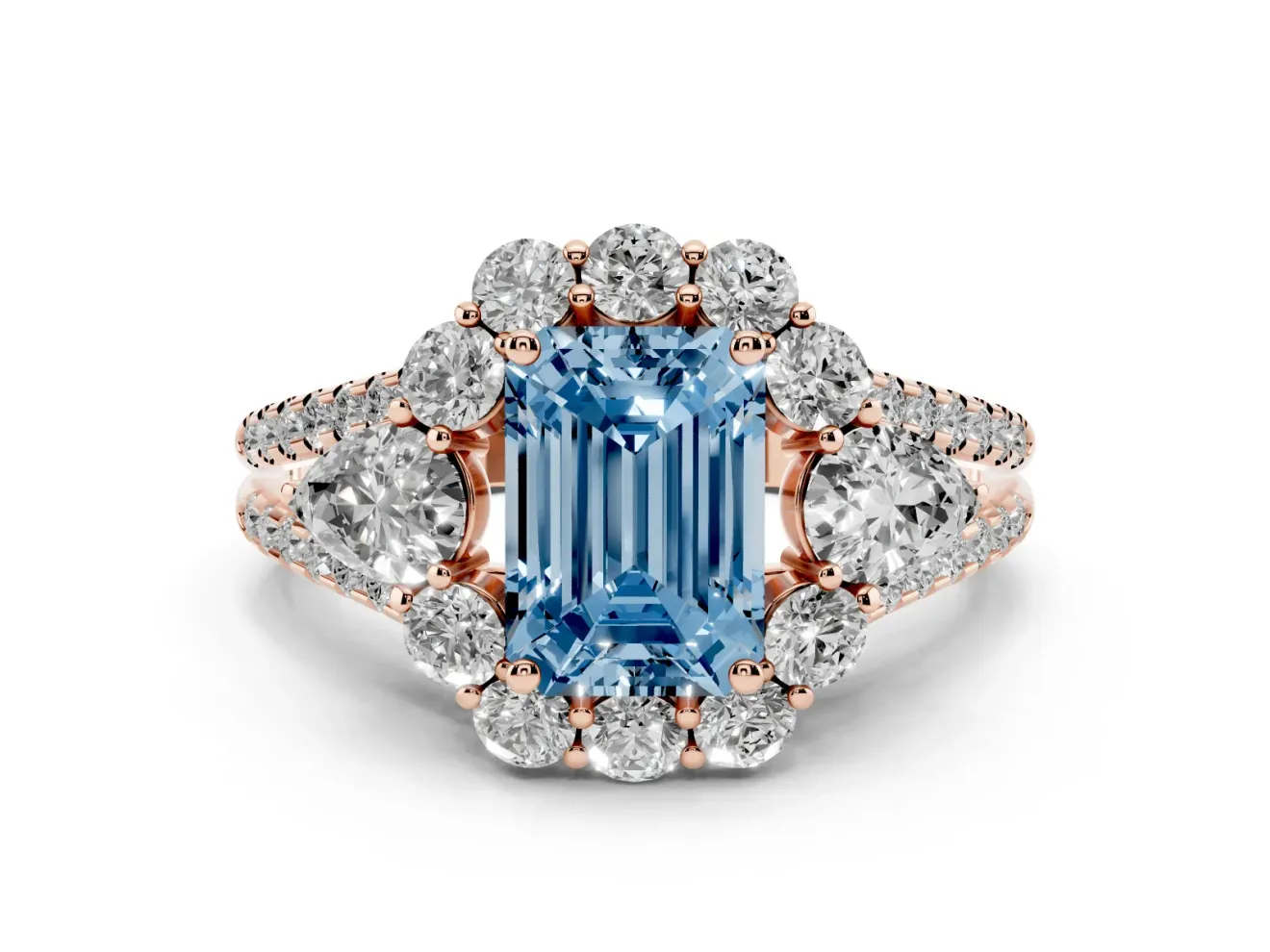 Emerald Cut Scalloped Halo Engagement Ring Setting for a Fancy Blue Lab-Grown Diamond | Pear Side Stones | Rose Gold