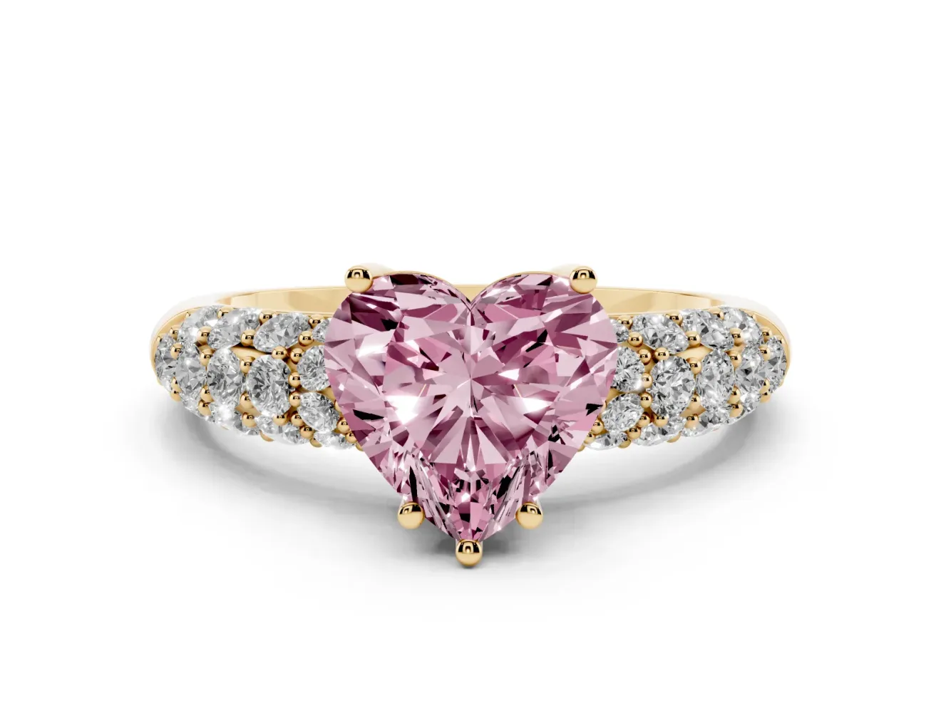 Heart-Shaped Multi Row Pave Engagement Ring Setting for a Fancy Pink Lab-Grown Diamond | Yellow Gold