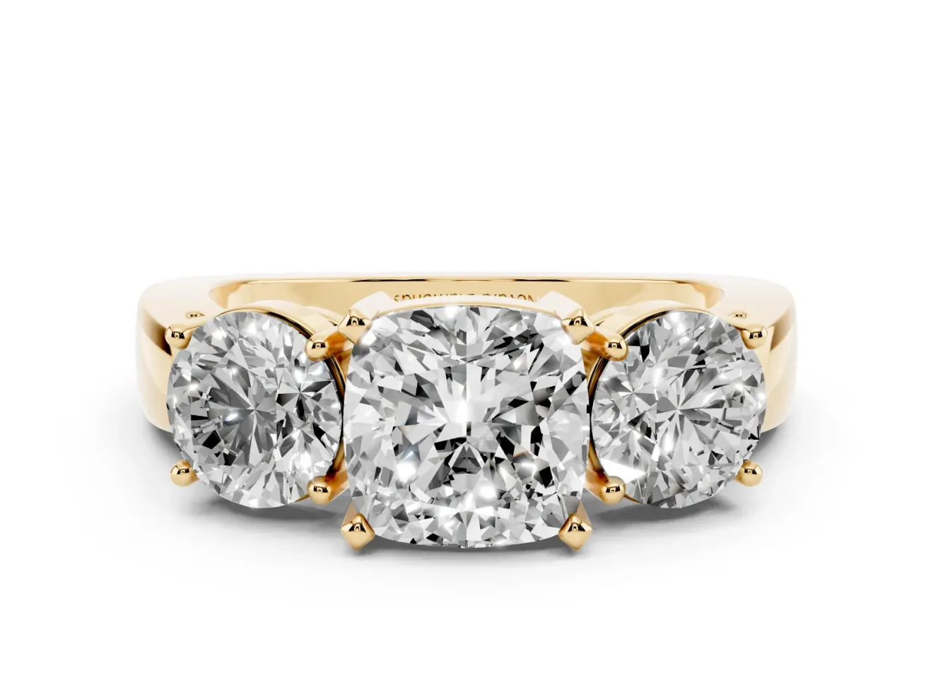 Cushion Cut Three Stone Engagement Ring Setting | Wide Plain Band | Yellow Gold