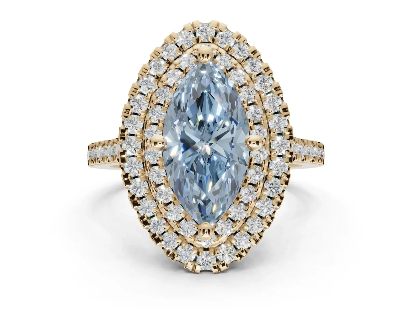 Marquise Double Halo Engagement Ring Setting for a Fancy Blue Lab-Grown Diamond | Pave Shoulders | Yellow Gold