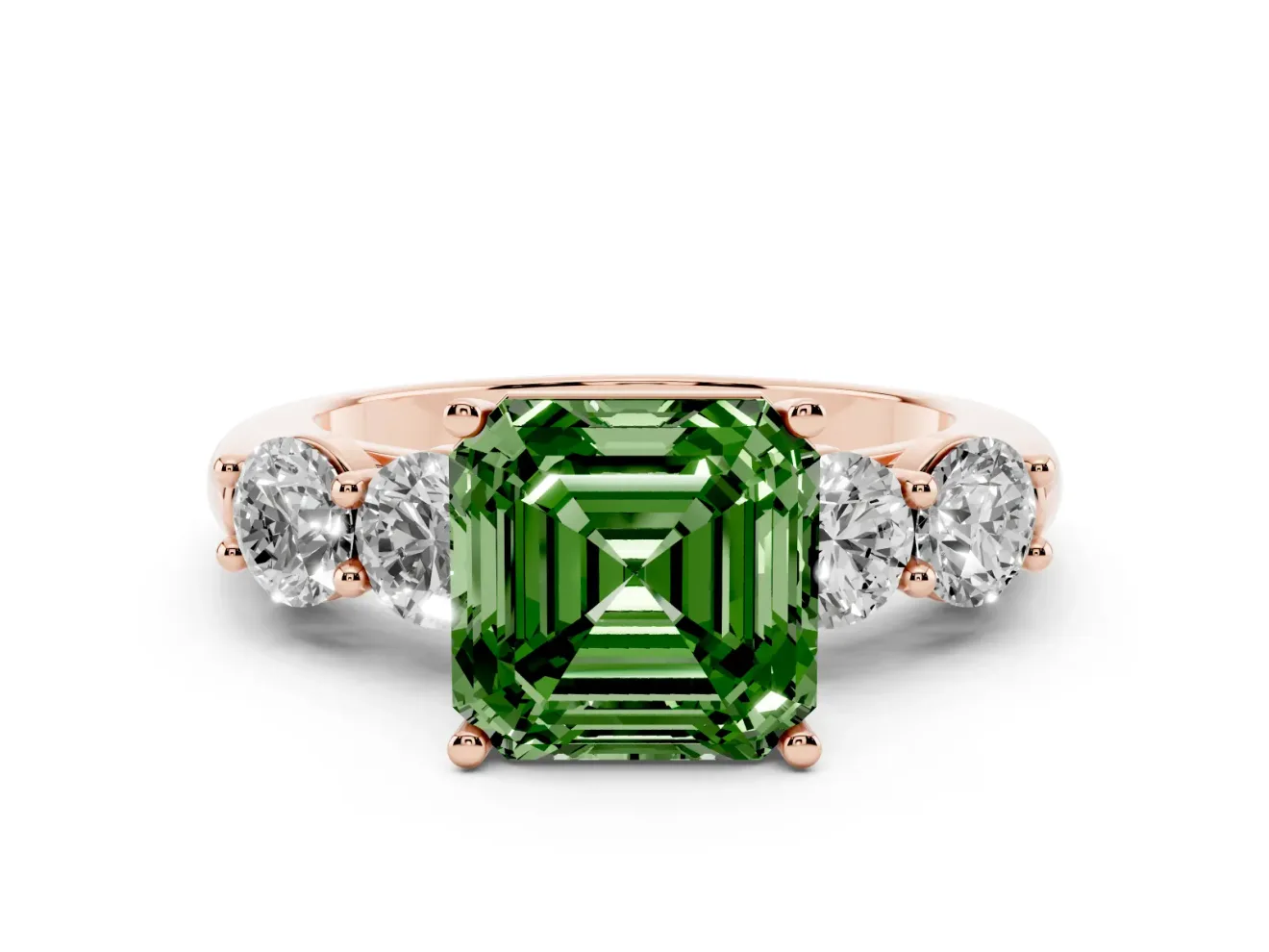 Asscher Cut Five Stone Engagement Ring Setting for a Fancy Green Lab-Grown Diamond | Prong Set Side Stones | Rose Gold