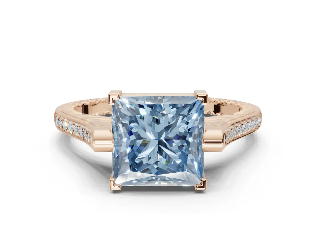 Princess Cut Vintage Cathedral Engagement Ring Setting for a Fancy Blue Lab-Grown Diamond | Carved Band | Rose Gold