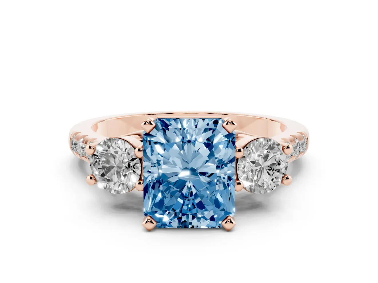 Radiant Cut Three-Stone Engagement Ring Setting for a Fancy Blue Lab-Grown Diamond | Rose Gold