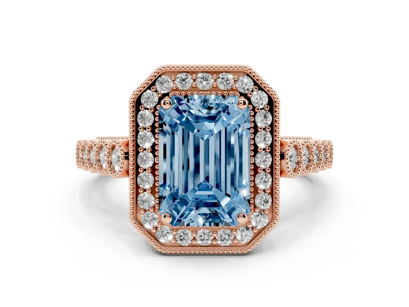 Emerald Cut Graduated Milgrain Halo Engagement Ring Setting for a Fancy Blue Lab-Grown Diamond | Rose Gold
