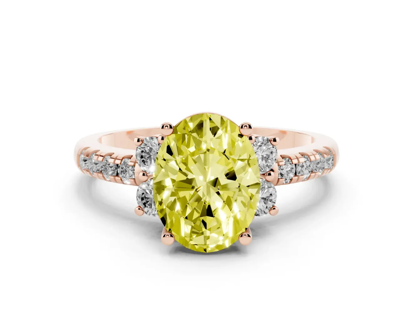 Oval Side Stone Engagement Ring Setting for a Fancy Yellow Lab-Grown Diamond | Pave Band | Rose Gold