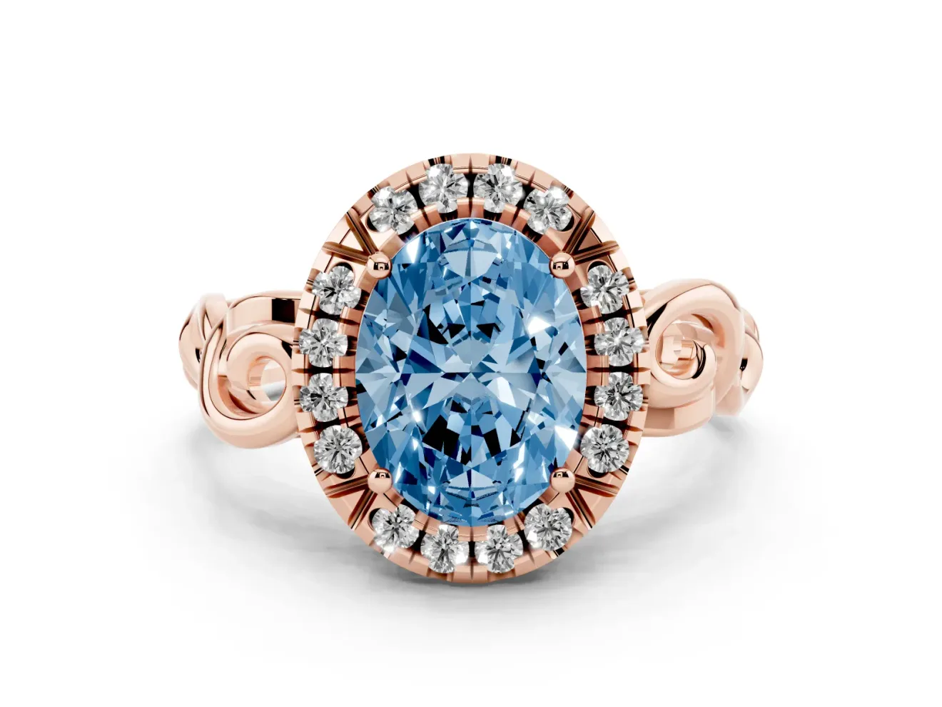 Oval Filigree Halo Engagement Ring Setting for a Fancy Blue Lab-Grown Diamond | Rose Gold