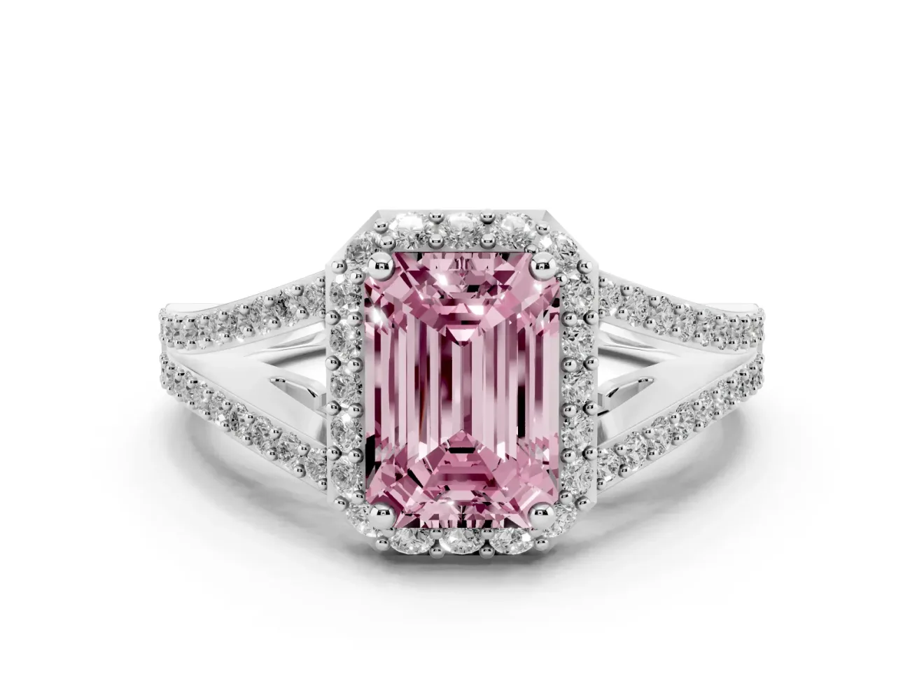 Emerald Cut Halo Engagement Ring Setting for a Fancy Pink Lab-Grown Diamond | V-Split Pavé Band | Sterling Silver