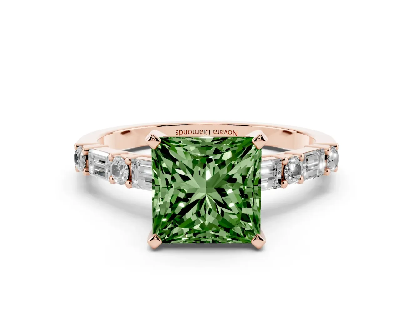 Princess Cut Baguette Side Stone Engagement Ring Setting for a Fancy Green Lab-Grown Diamond | Rose Gold