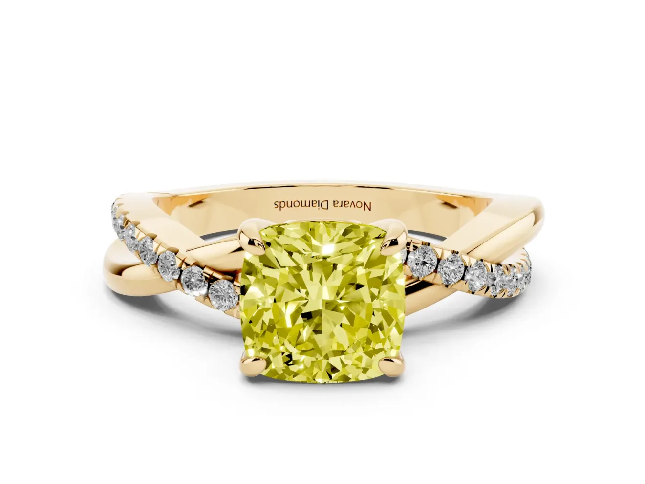 Fancy Yellow Cushion Cut Diamond Twist Band Solitaire Set in Yellow gold with Pavé Accents and Prong Setting