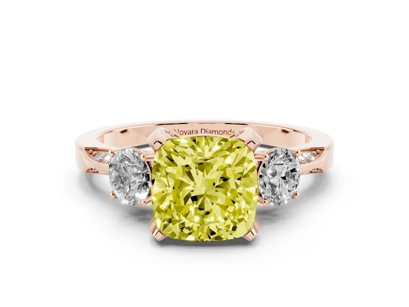 Cushion Cut Hidden Halo Three Stone Engagement Ring Setting for a Fancy Yellow Lab-Grown Diamond | Rose Gold
