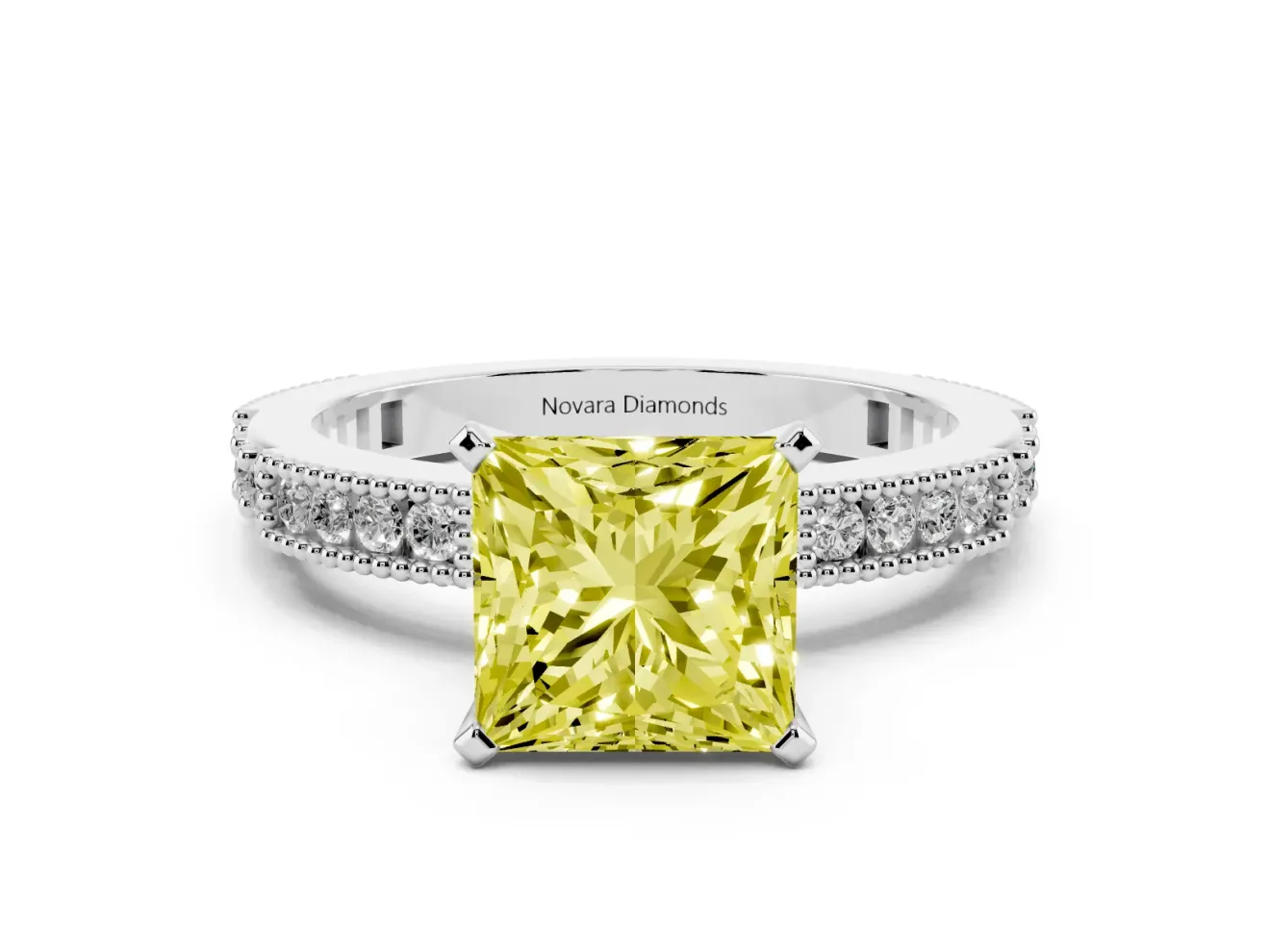Fancy Yellow Princess Cut Diamond Solitaire Ring Set in Platinum with Slim Pavé Band and Prong Setting