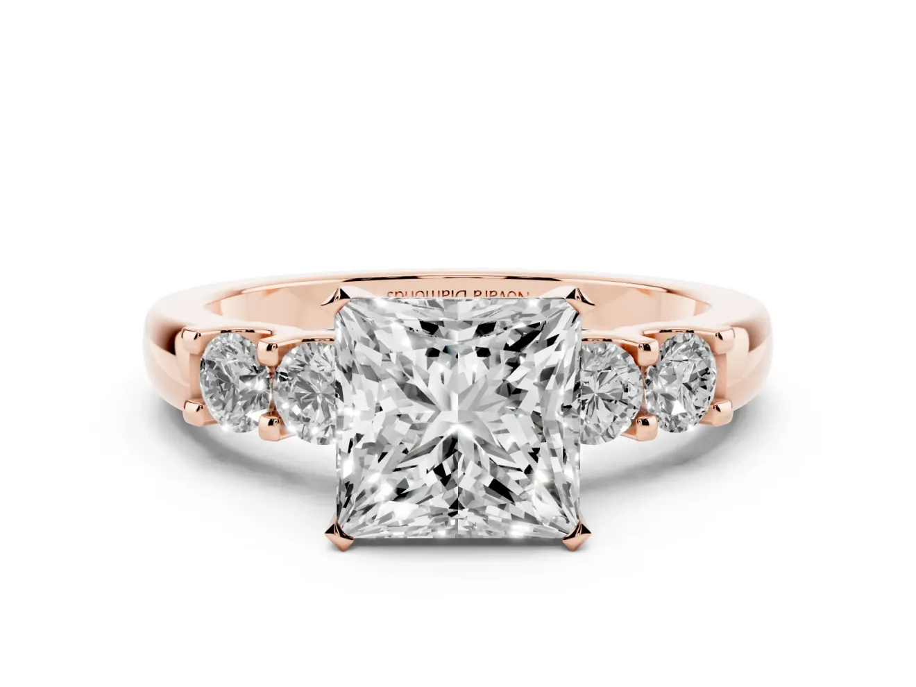 Princess Cut Five Stone Engagement Ring Setting | Prong-Set Side Stones | Rose Gold