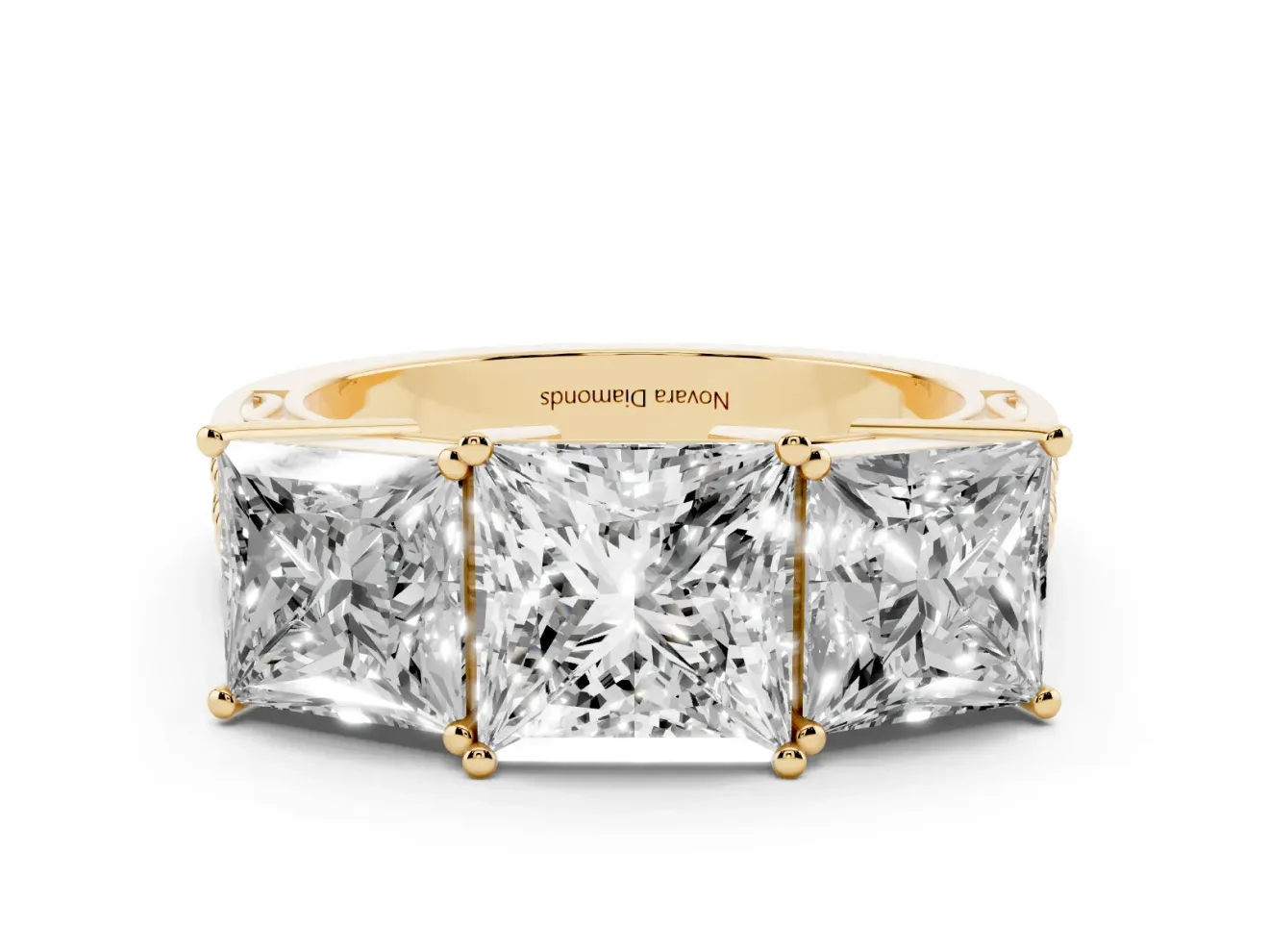 Princess Cut Three Stone Engagement Ring Setting | Beaded Shoulders | Yellow Gold