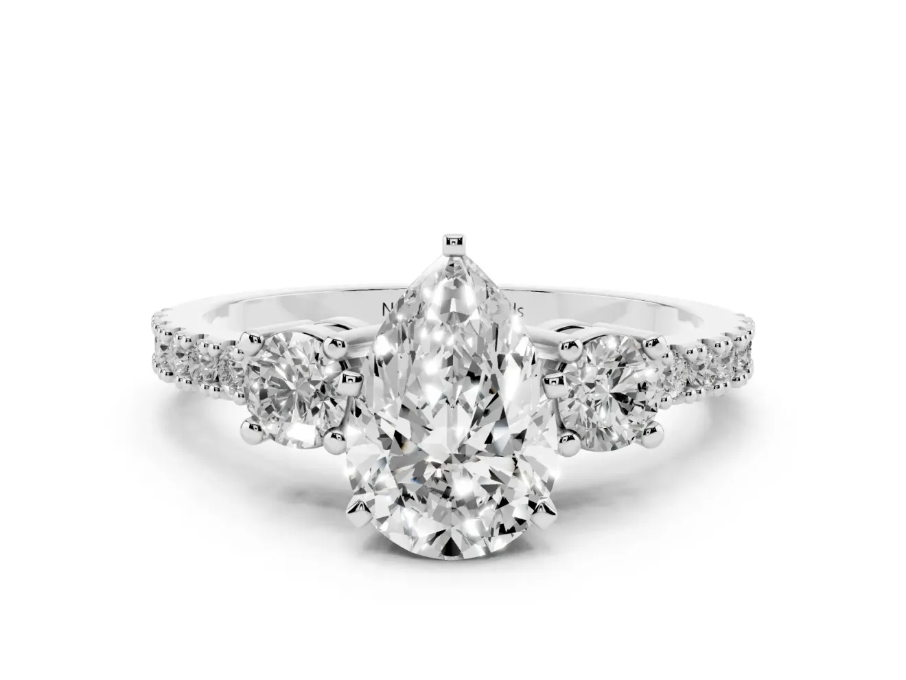 Pear-Shaped Three Stone Pavé Engagement Ring Setting | Round Side Stones | White Gold