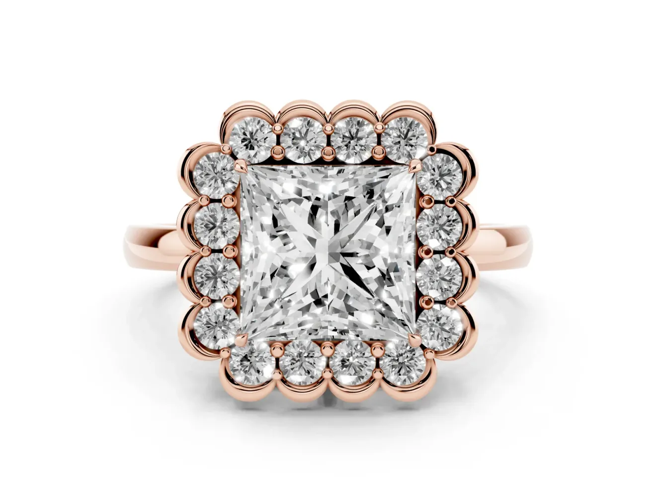 Princess Cut Scalloped Cluster Halo Engagement Ring Setting | Plain Band | Rose Gold
