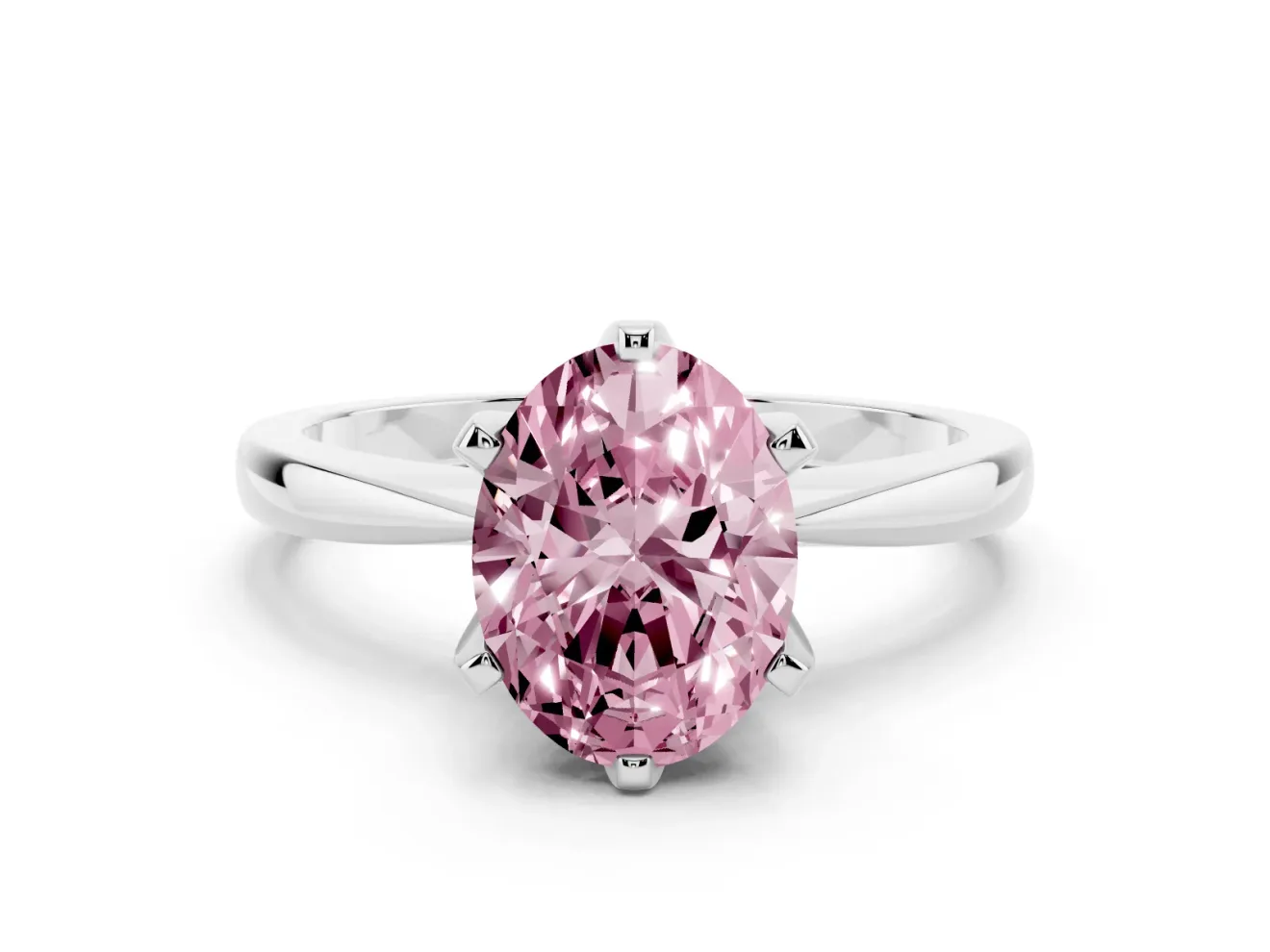 Fancy Pink Oval Cut Diamond Solitaire Engagement Ring Set in White gold with Slim Tapered Solitaire Band