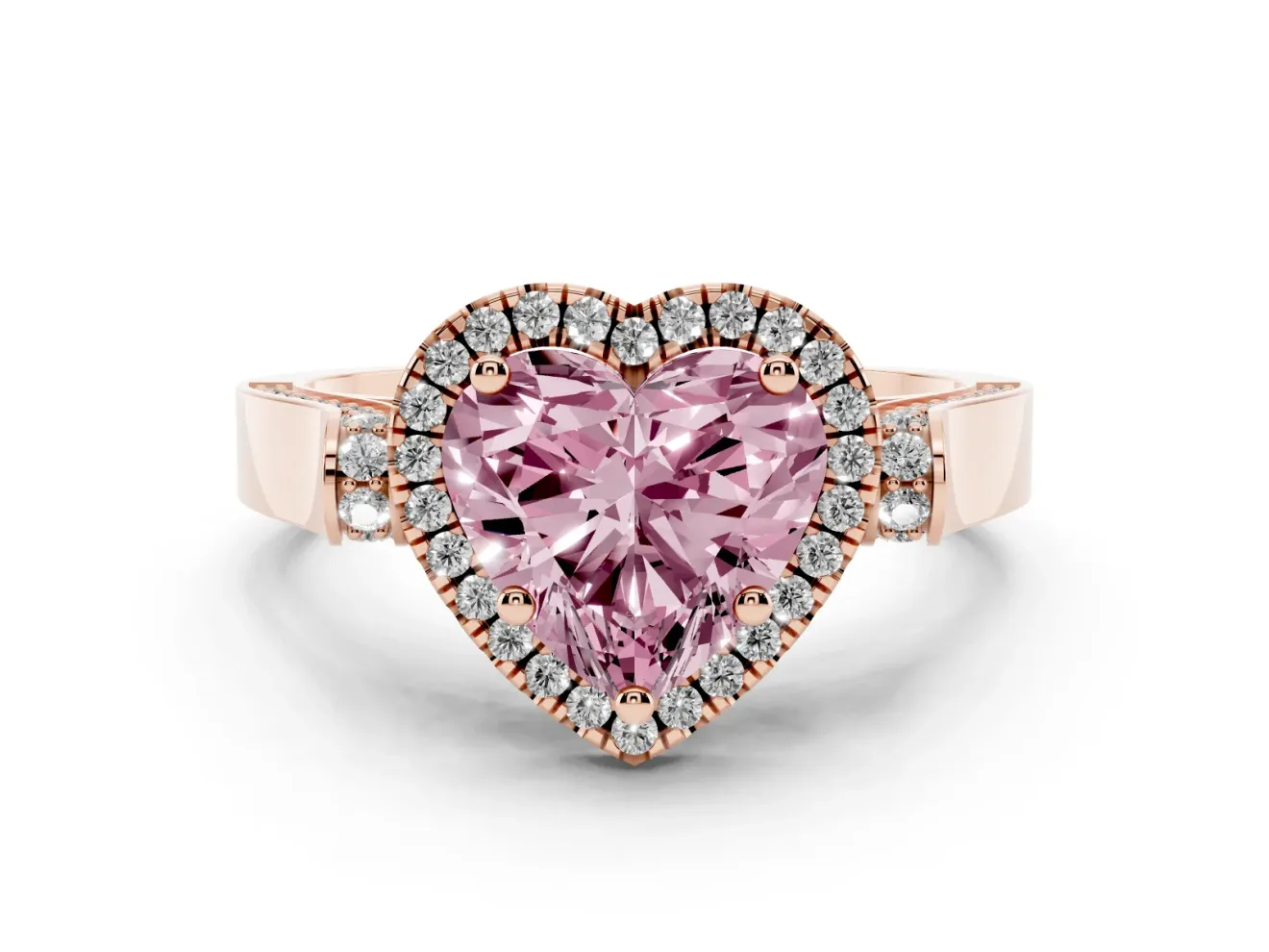 Heart-Shaped Halo Engagement Ring Setting for a Fancy Pink Lab-Grown Diamond | Pointed Pave Shoulders | Rose Gold