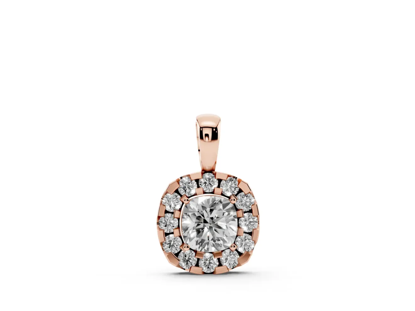 Cushion Cut Lab-Grown Diamond Halo Pendant Necklace | Polished Bail | Rose Gold