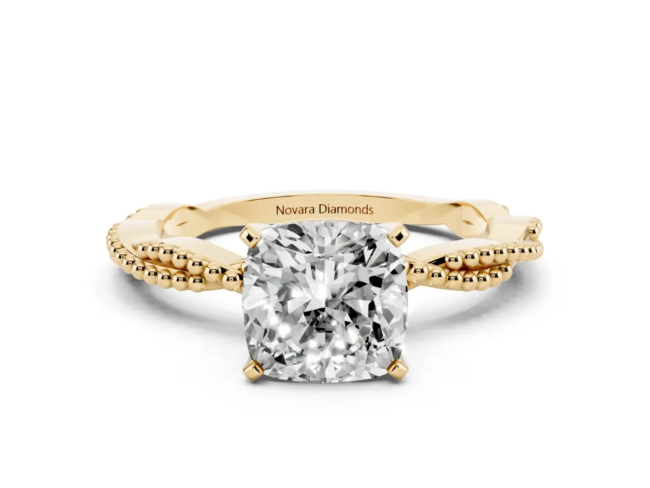 Cushion Cut Diamond Solitaire Ring Set in Yellow gold with Twisted Band and Bead Prong Setting