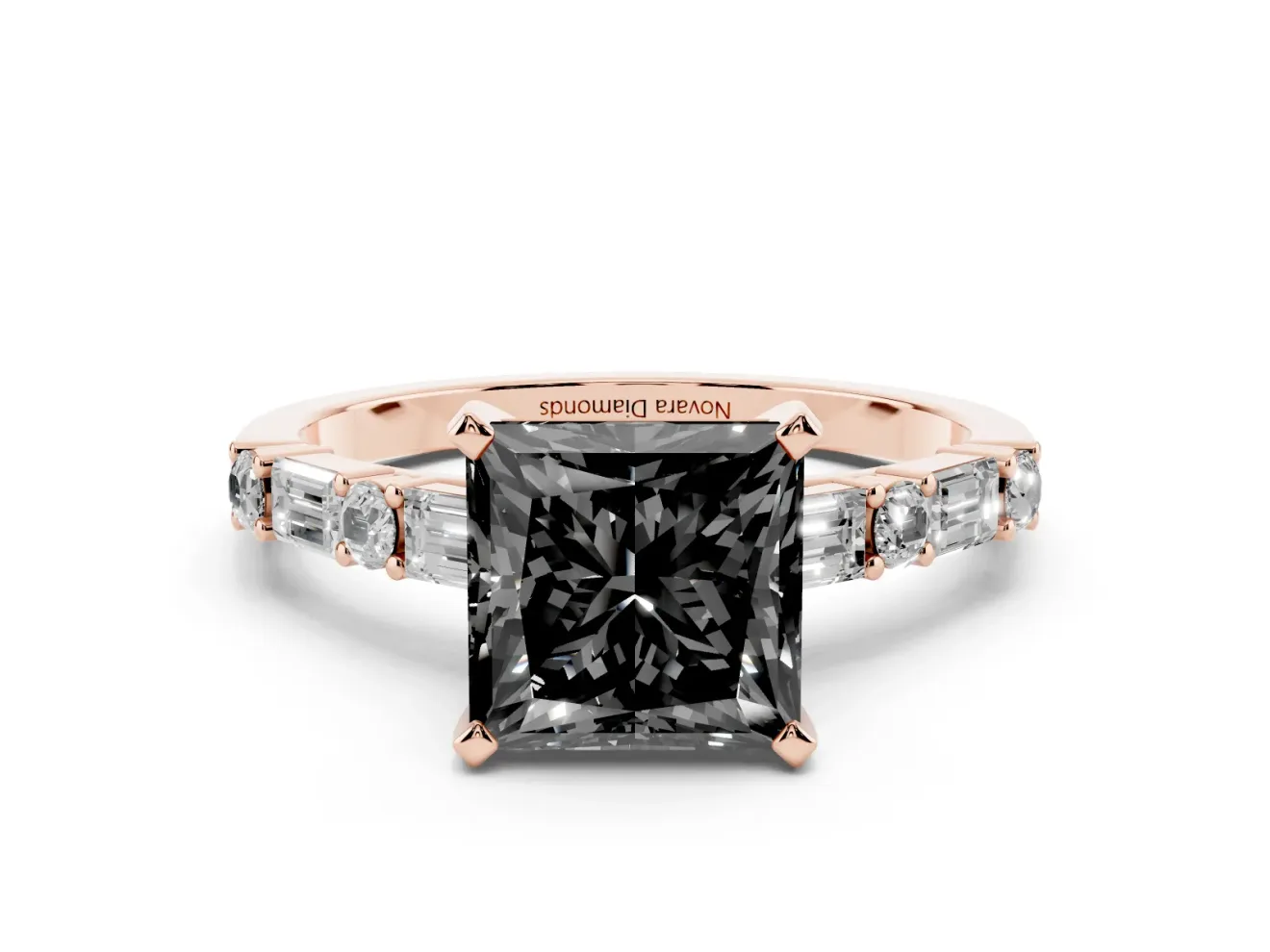 Fancy Black Princess Cut Diamond Solitaire Set in Rose gold with Side Baguettes and Channel Set Band