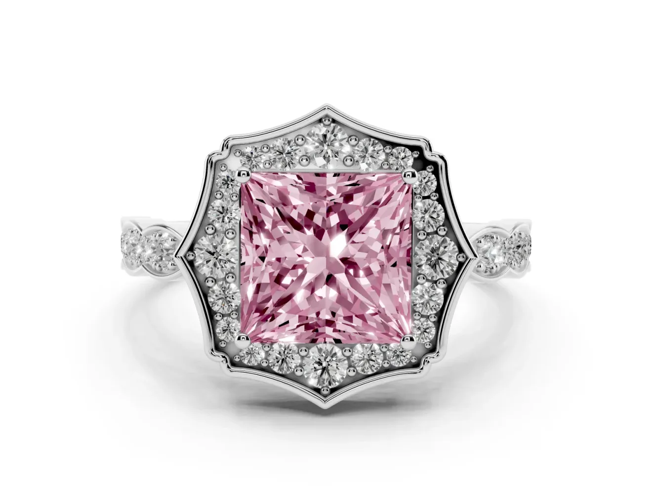 Princess Cut Scalloped Halo Engagement Ring Setting for a Fancy Pink Lab-Grown Diamond | Pave Band | Sterling Silver