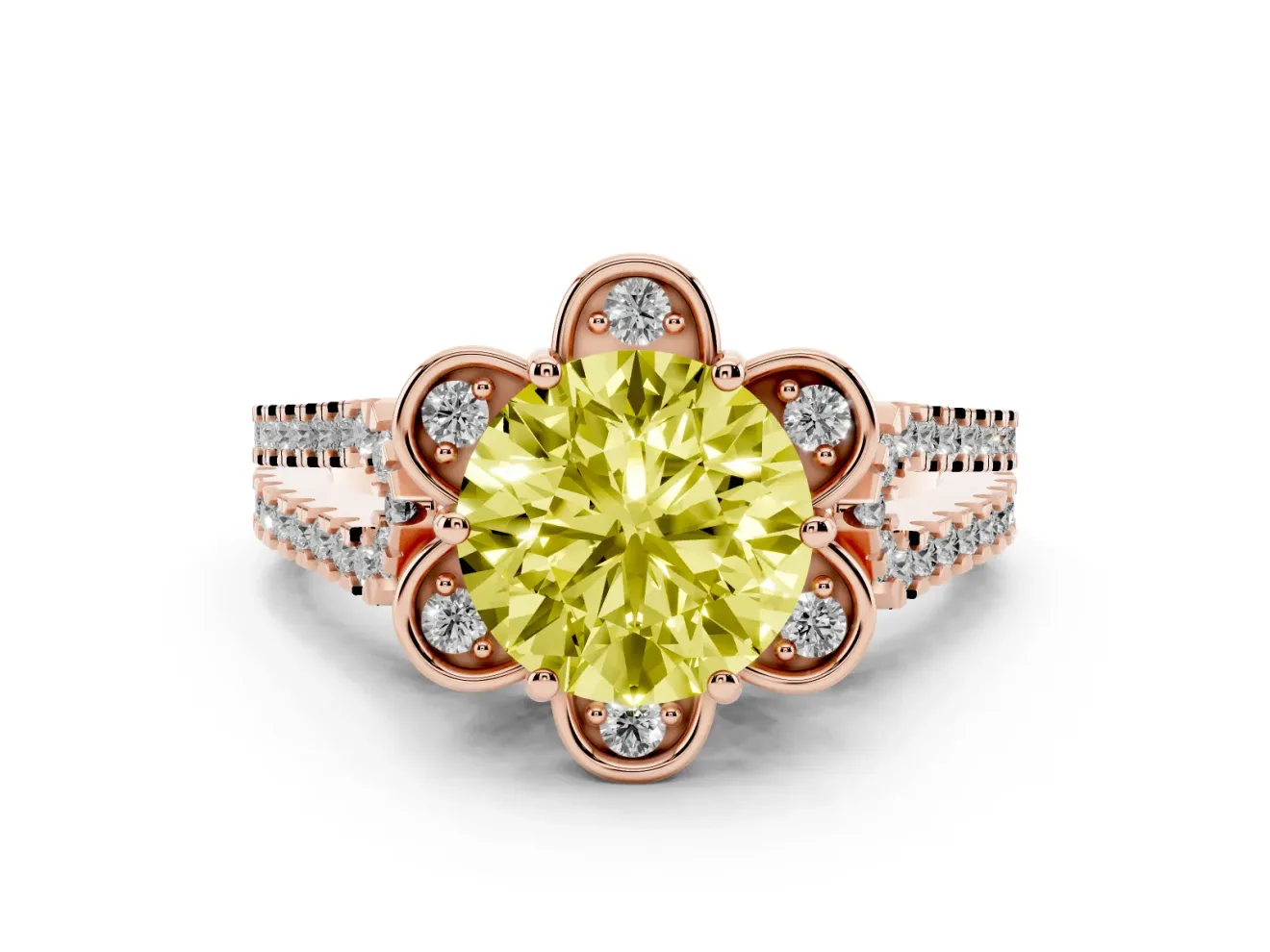 Round Floral Halo Engagement Ring Setting for a Fancy Yellow Lab-Grown Diamond | Pavé Split Shank | Rose Gold