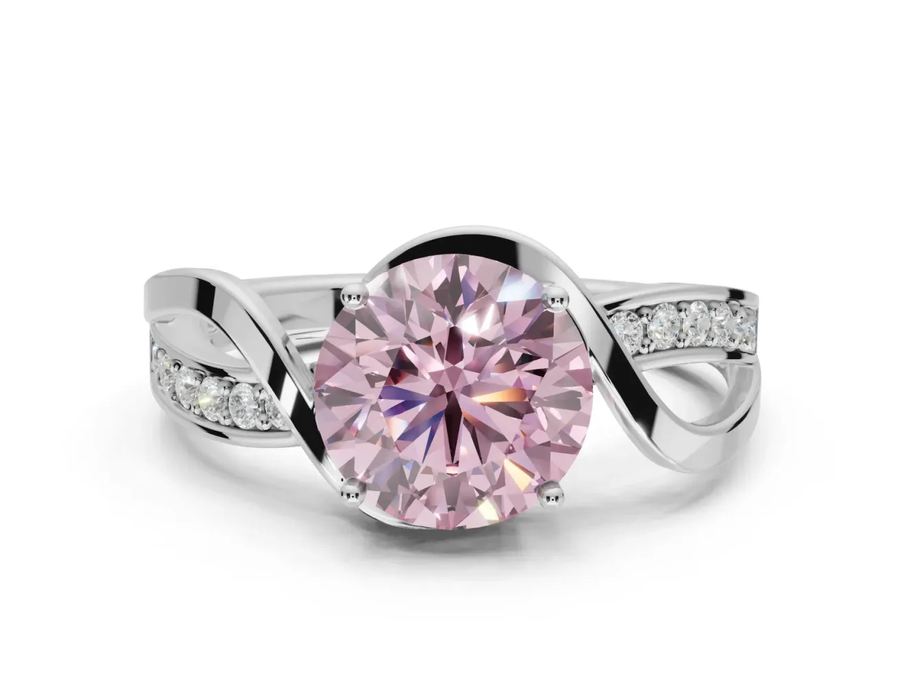 Round Bypass Solitaire Engagement Ring Setting for a Fancy Pink Lab-Grown Diamond | Pavé and Plain Strands | Platinum