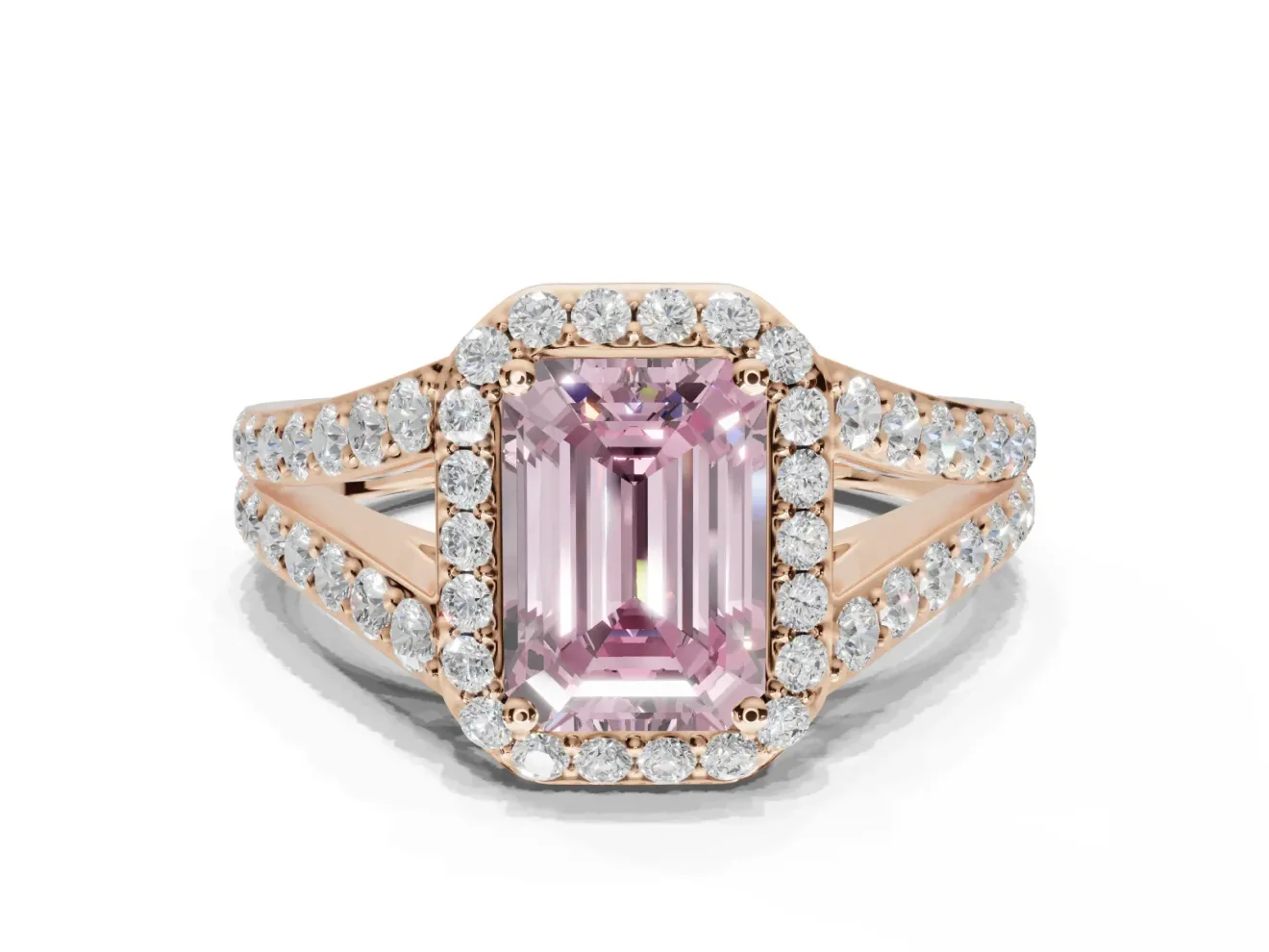 Emerald Cut Halo Pavé Engagement Ring Setting for a Fancy Pink Lab-Grown Diamond | Narrow Split Shank | Rose Gold