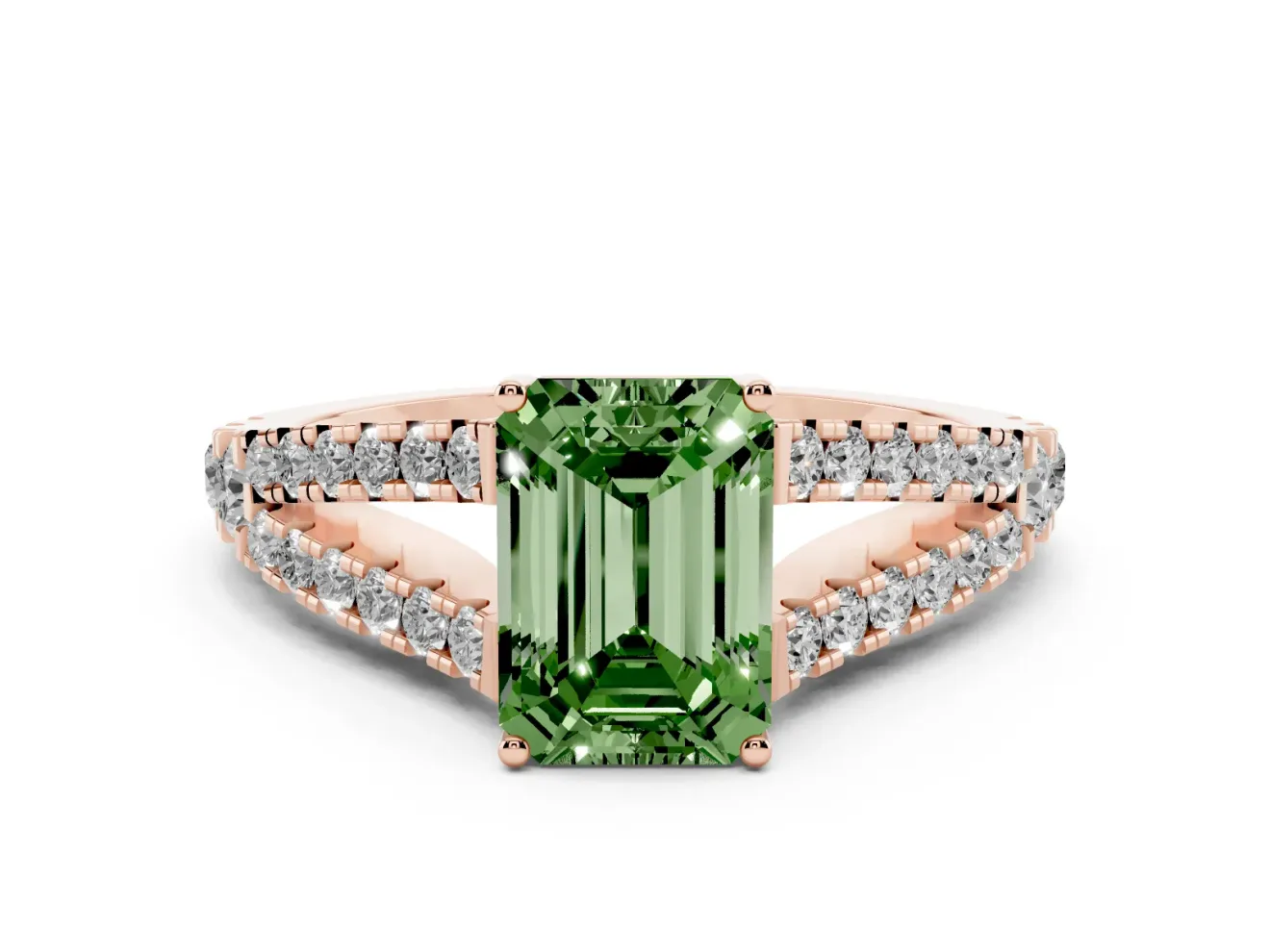 Emerald Cut Graduated Split Shank Engagement Ring Setting for a Fancy Green Lab-Grown Diamond | Rose Gold