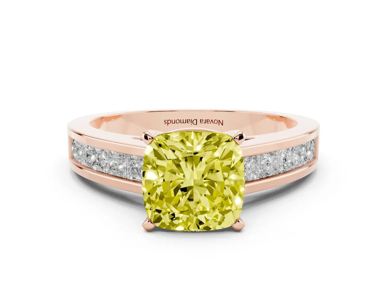 Fancy Yellow Cushion Cut Diamond Solitaire Ring Set in Rose gold with Channel-Set Band and Prong Setting
