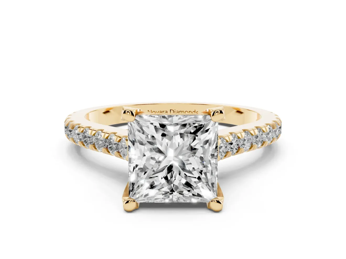 Princess Cut Hidden Halo Pave Engagement Ring Setting | Claw Prongs | Yellow Gold