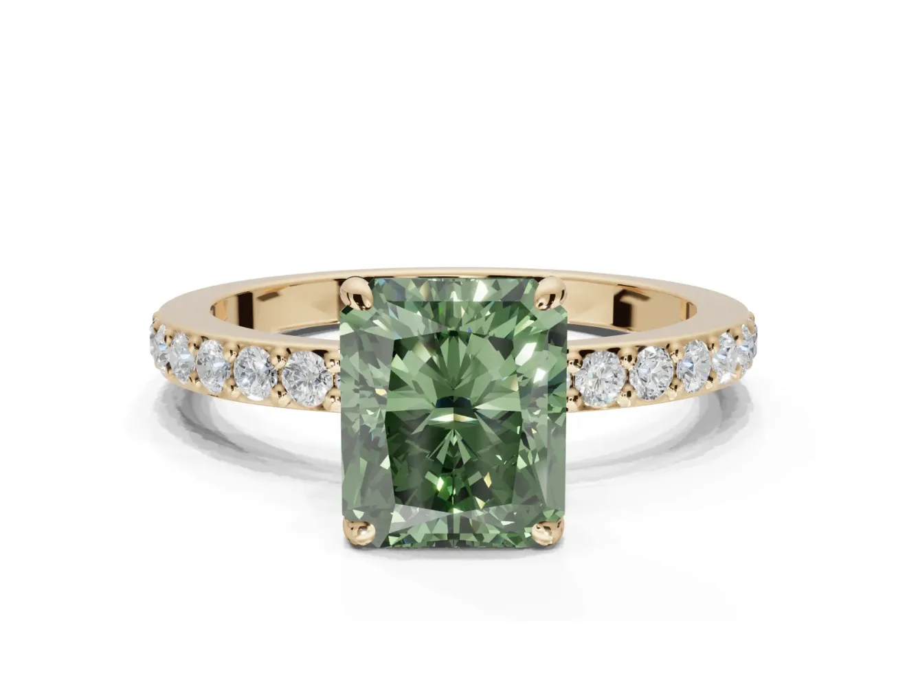 Radiant Cut Hidden Halo Engagement Ring Setting for a Fancy Green Lab-Grown Diamond | Pavé Band | Yellow Gold