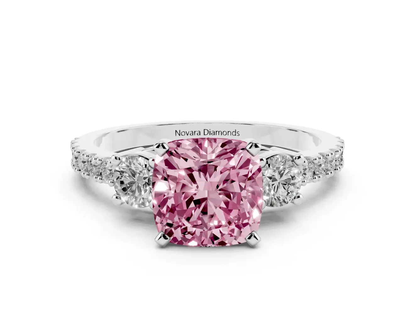 Fancy Pink Three-Stone Cushion Cut Diamond Pavé Band Ring Set in Silver with Prong Setting