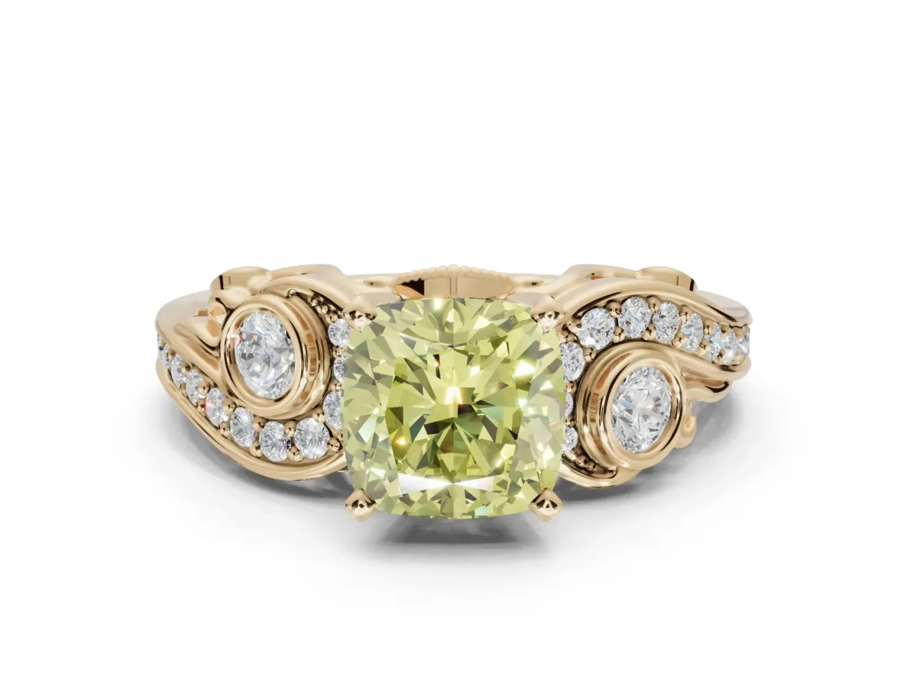 Cushion Cut Swirl Engagement Ring Setting for a Fancy Yellow Lab-Grown Diamond | Yellow Gold