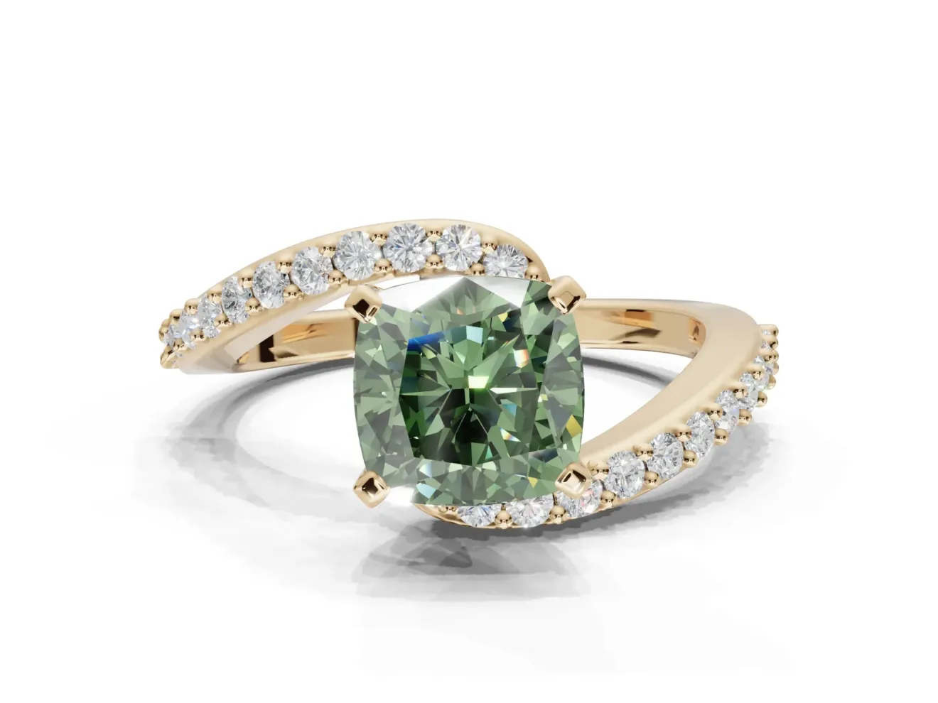 Cushion Cut Bypass Pavé Engagement Ring Setting for a Fancy Green Lab-Grown Diamond | Yellow Gold