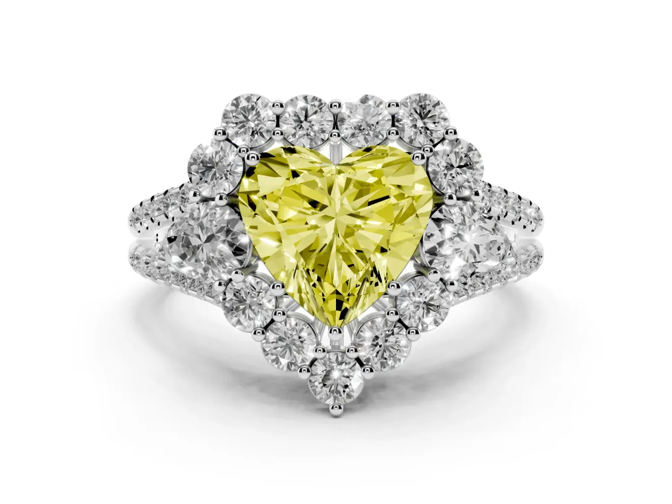 Fancy Yellow Heart Cut Diamond Halo Split Shank Engagement Ring Set in White gold with Prong-Held Center Stone
