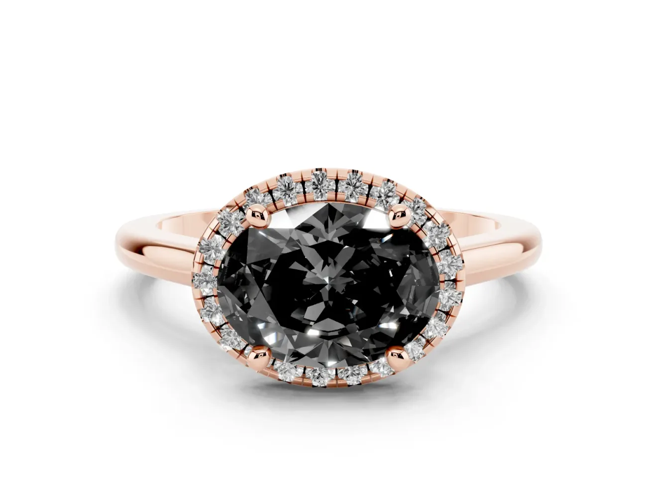 Oval Halo Engagement Ring Setting for a Black Center | Plain Polished Band | Rose Gold
