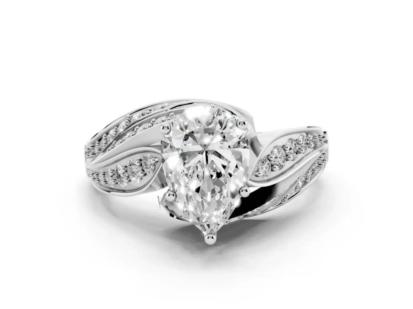 Pear Cut Diamond Solitaire Ring Set in White gold with Layered Twist Pavé Band