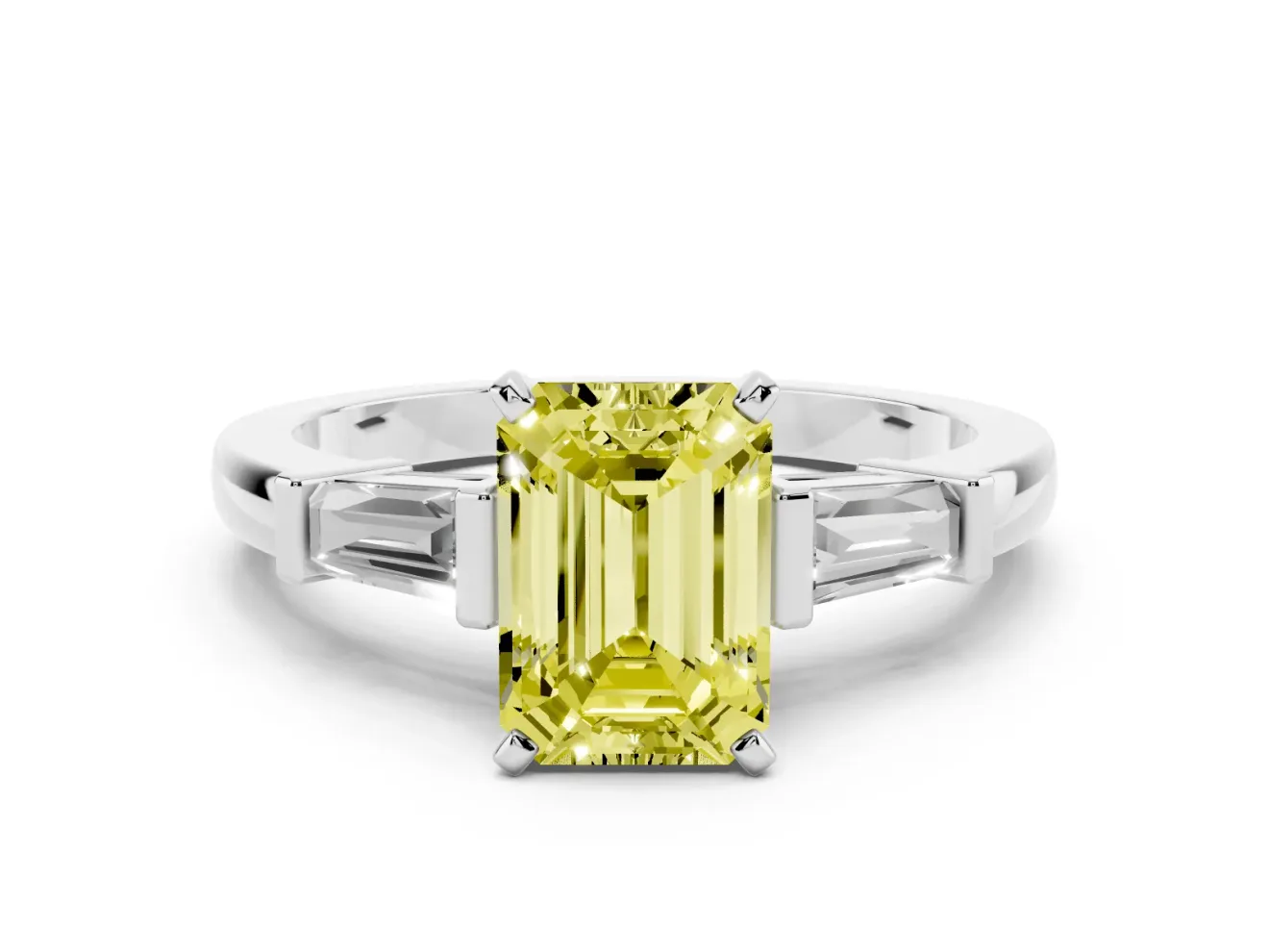 Fancy Yellow Emerald Cut Diamond Solitaire Ring Set in White gold with Tapered Baguette Accents and Prong Setting