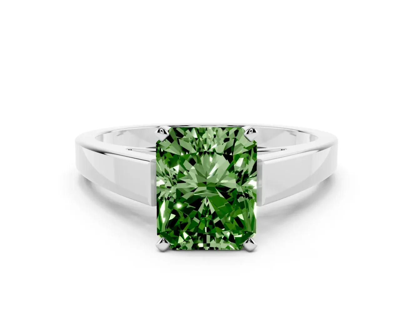 Fancy Green Radiant Cut Diamond Solitaire Engagement Ring Set in Silver with Prong Setting and Tapered Band