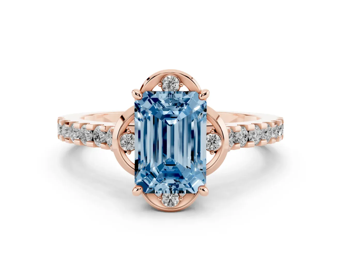 Emerald Cut Floral Petal Engagement Ring Setting for a Fancy Blue Lab-Grown Diamond | Petal Accents | Rose Gold