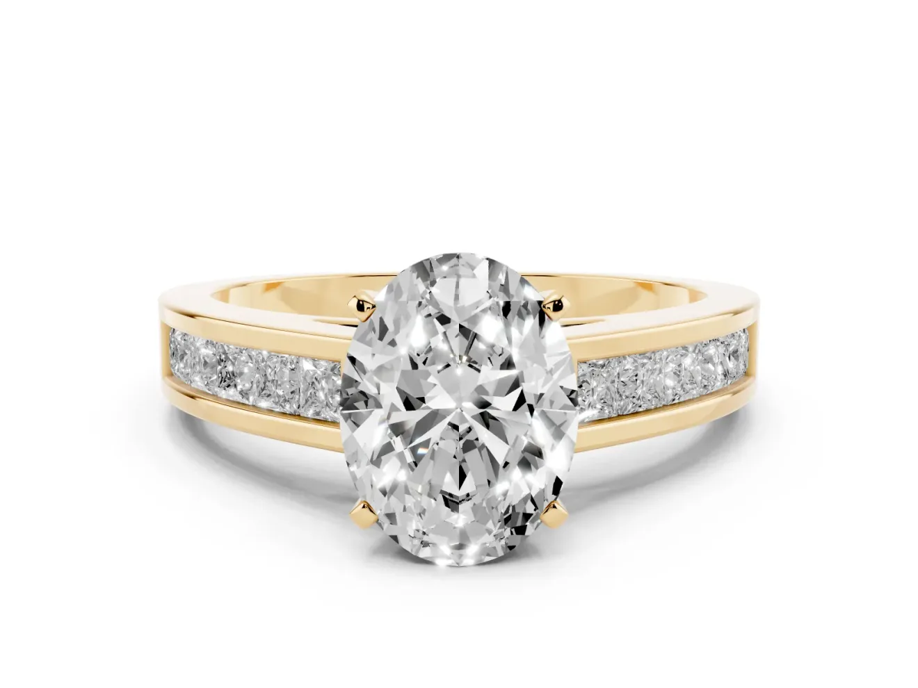 Oval Cut Diamond Solitaire Ring Set in Yellow gold with Channel-Set Band and Prong Setting
