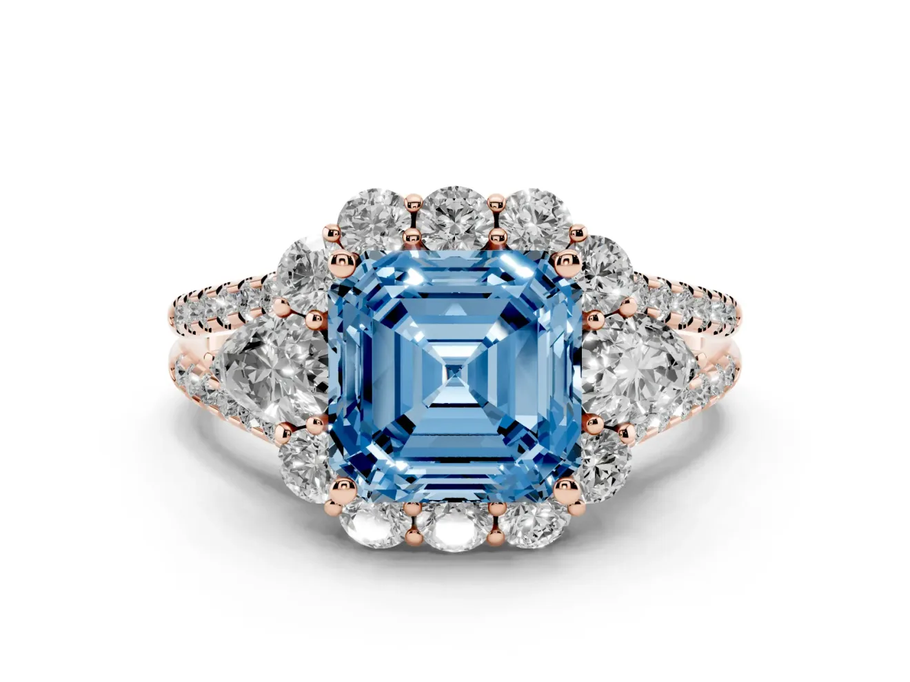 Fancy Blue Asscher Cut Diamond Halo Split Shank Engagement Ring Set in Rose gold with Prong-Held Center Stone