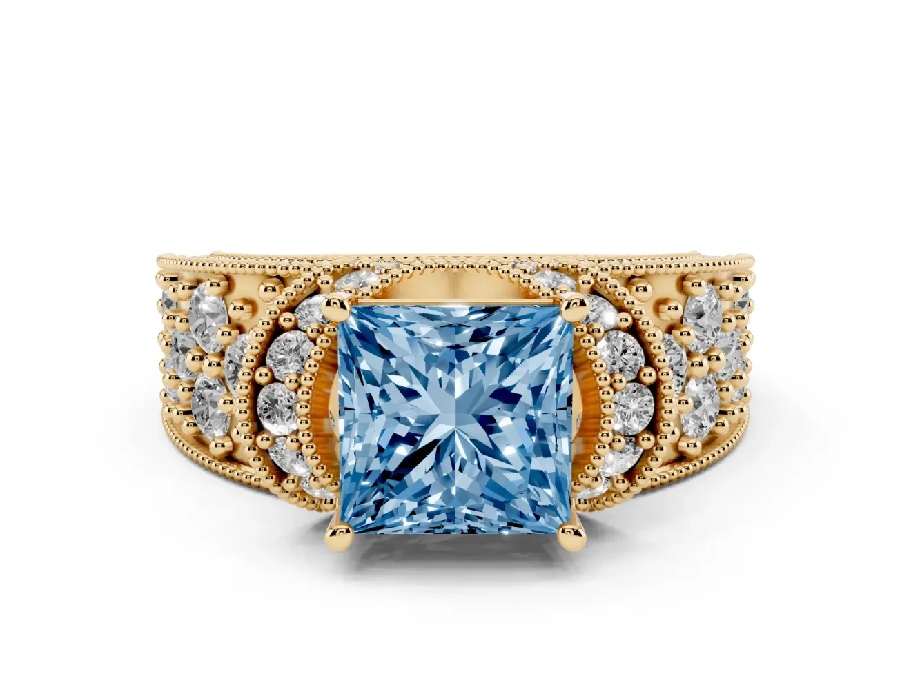 Princess Cut Vintage Pave Engagement Ring Setting for a Fancy Blue Lab-Grown Diamond | Milgrain Edges | Yellow Gold