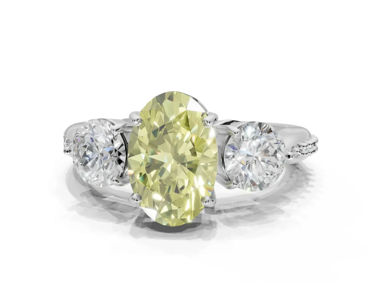 Oval Three Stone Engagement Ring Setting for a Fancy Yellow Lab-Grown Diamond | Tapered Pave Band | Platinum