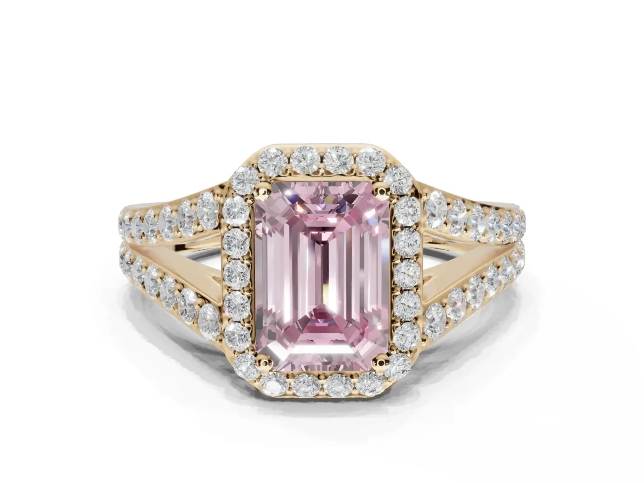 Emerald Cut Halo Pavé Engagement Ring Setting for a Fancy Pink Lab-Grown Diamond | Narrow Split Shank | Yellow Gold
