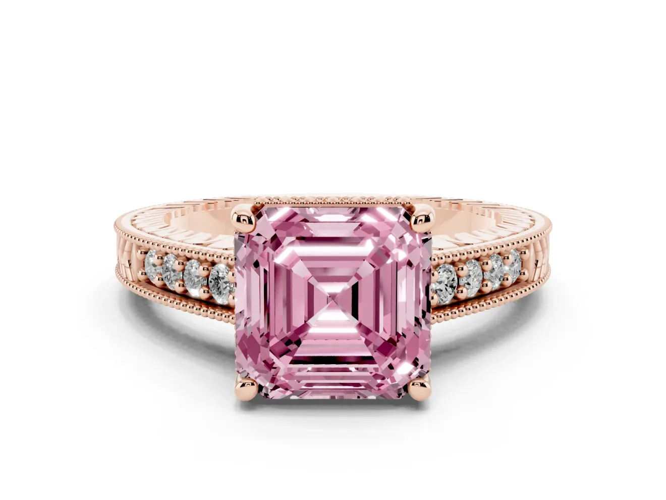 Asscher Cut Engraved Engagement Ring Setting for a Fancy Pink Lab-Grown Diamond | Rose Gold