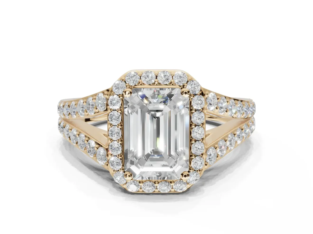 Emerald Cut Halo Pavé Engagement Ring Setting | Narrow Split Shank | Yellow Gold