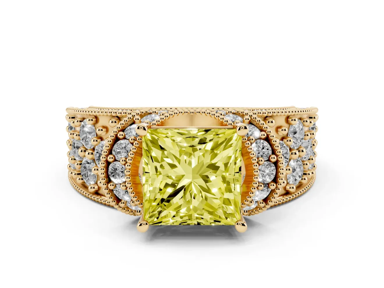 Princess Cut Vintage Pave Engagement Ring Setting for a Fancy Yellow Lab-Grown Diamond | Milgrain Edges | Yellow Gold