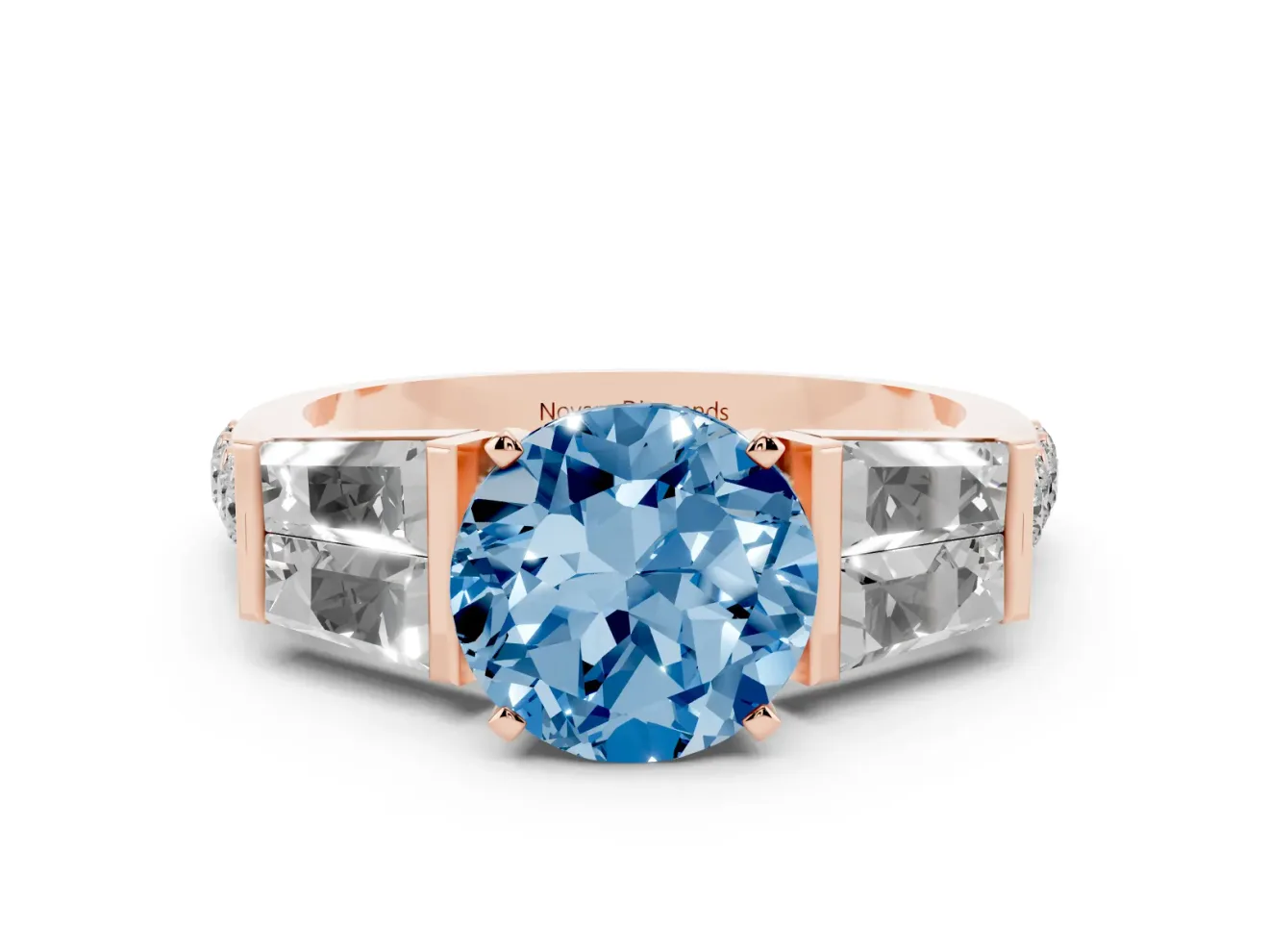 Fancy Blue Round Cut Diamond Engagement Ring Set in Rose gold with Baguette Side Stones and Channel Set Band